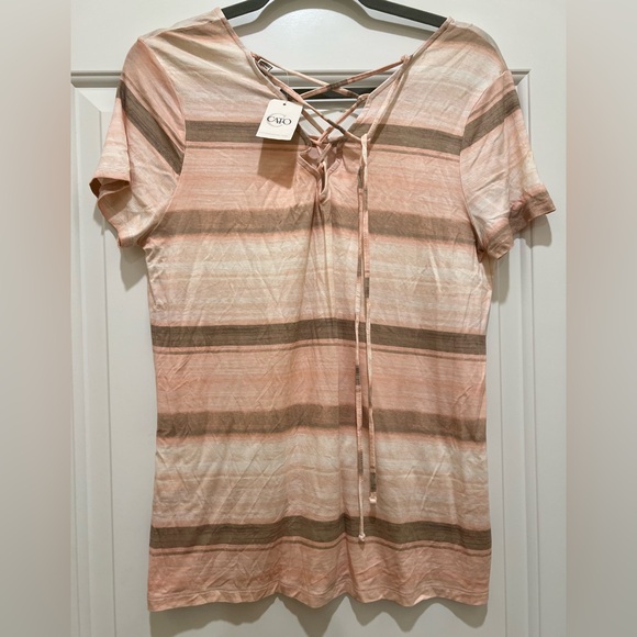 NWT Cato Sportswear ladies Large stretchy striped pink tunic with tie up back - Picture 2 of 4